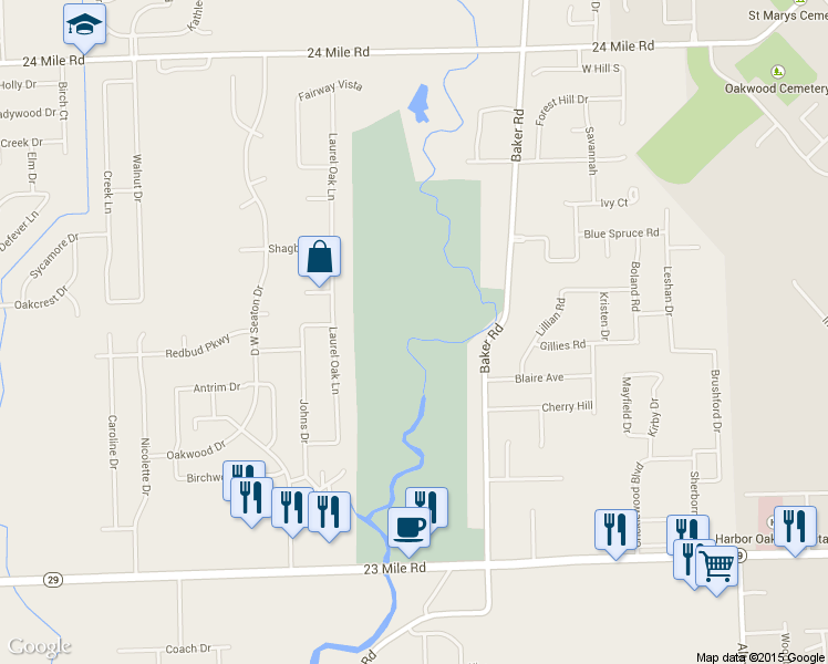 map of restaurants, bars, coffee shops, grocery stores, and more near 23 Mile Rd in Chesterfield