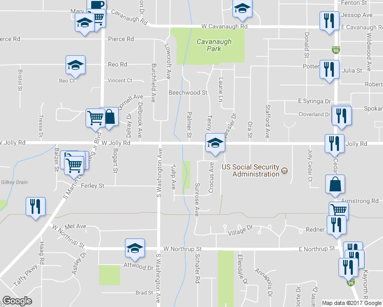 map of restaurants, bars, coffee shops, grocery stores, and more near 517 West Jolly Road in Lansing