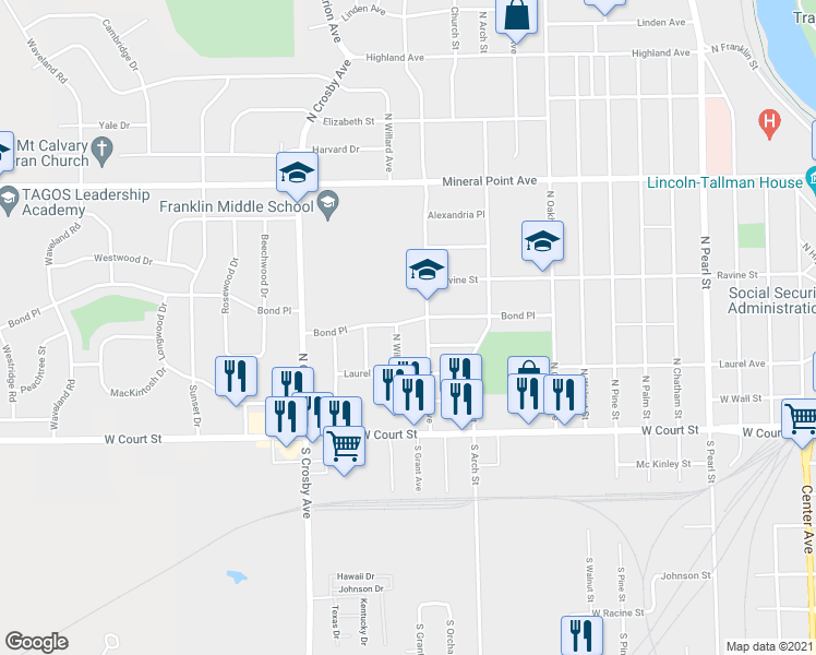 map of restaurants, bars, coffee shops, grocery stores, and more near 2217 Bond Place in Janesville