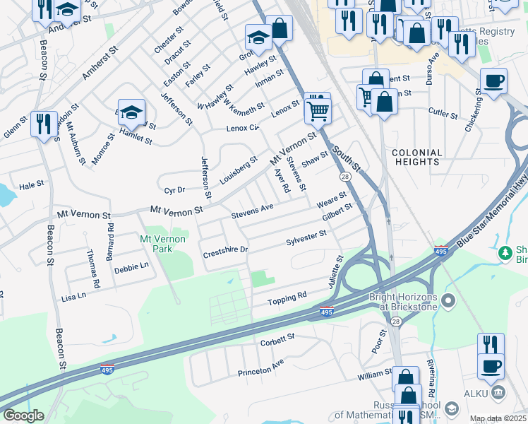map of restaurants, bars, coffee shops, grocery stores, and more near 32 Stevens Avenue in Lawrence