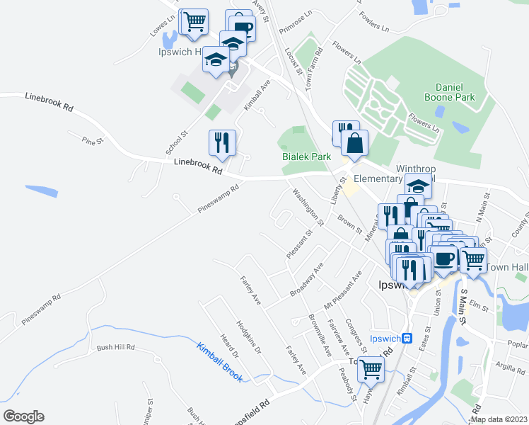 map of restaurants, bars, coffee shops, grocery stores, and more near 17 Appleton Park in Ipswich