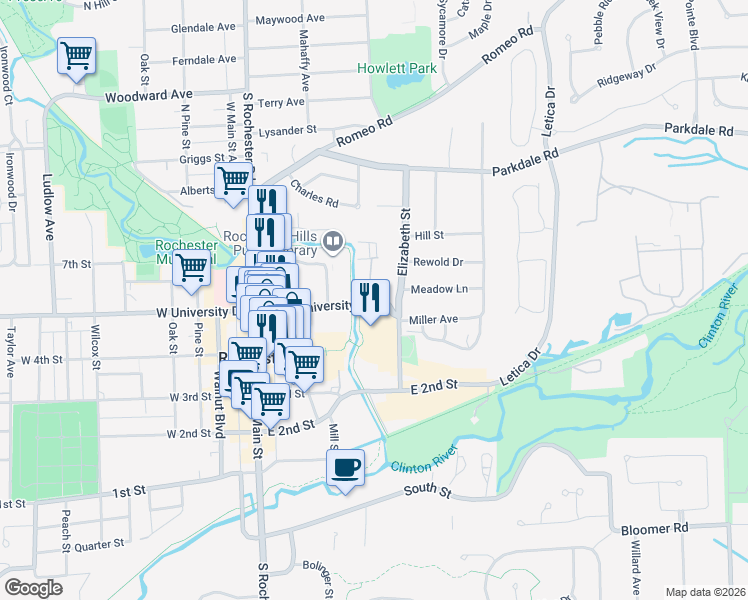 map of restaurants, bars, coffee shops, grocery stores, and more near 521 Library Court in Rochester
