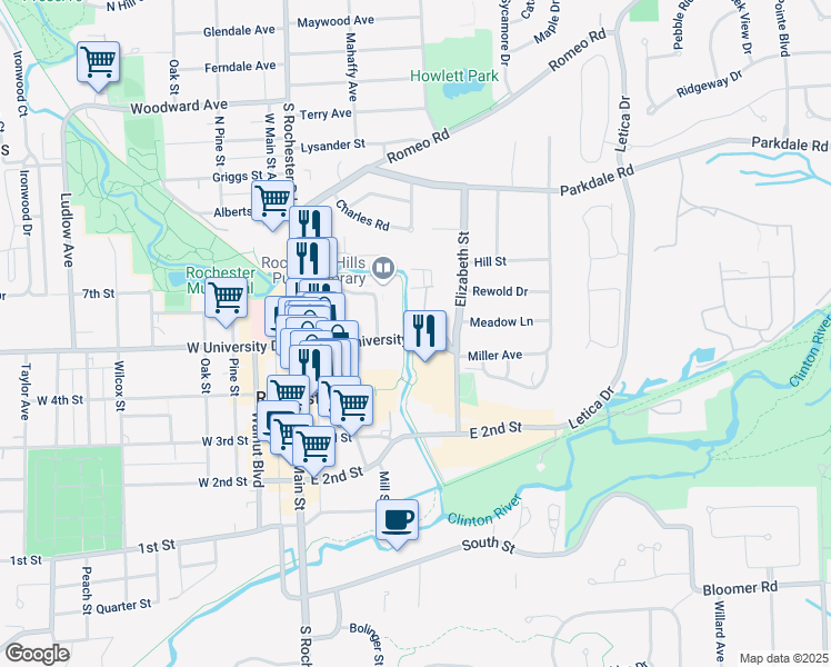 map of restaurants, bars, coffee shops, grocery stores, and more near 521 Library Court in Rochester