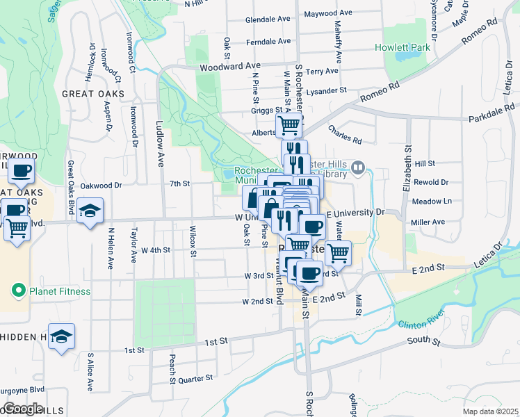 map of restaurants, bars, coffee shops, grocery stores, and more near 210 West University Drive in Rochester