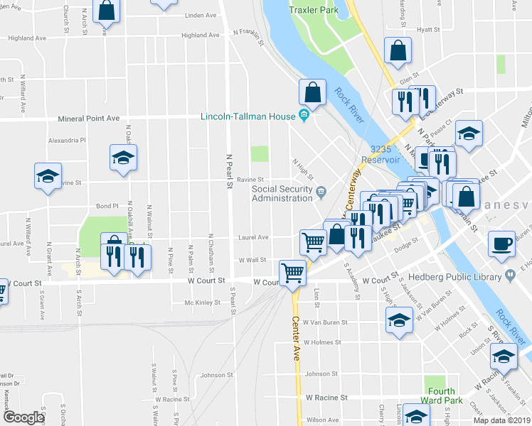 map of restaurants, bars, coffee shops, grocery stores, and more near 233 North Washington Street in Janesville