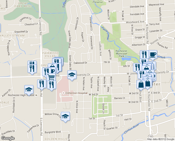 map of restaurants, bars, coffee shops, grocery stores, and more near 950 West University Drive in Rochester