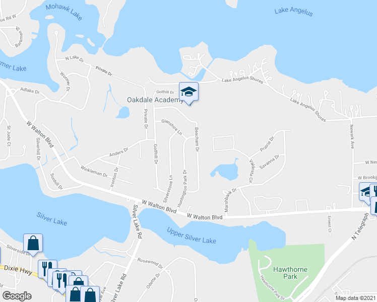 map of restaurants, bars, coffee shops, grocery stores, and more near 3012 Huntington Park Drive in Waterford Township