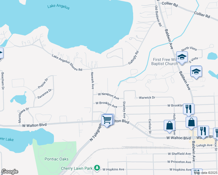 map of restaurants, bars, coffee shops, grocery stores, and more near 1652 Charleston Avenue in Pontiac
