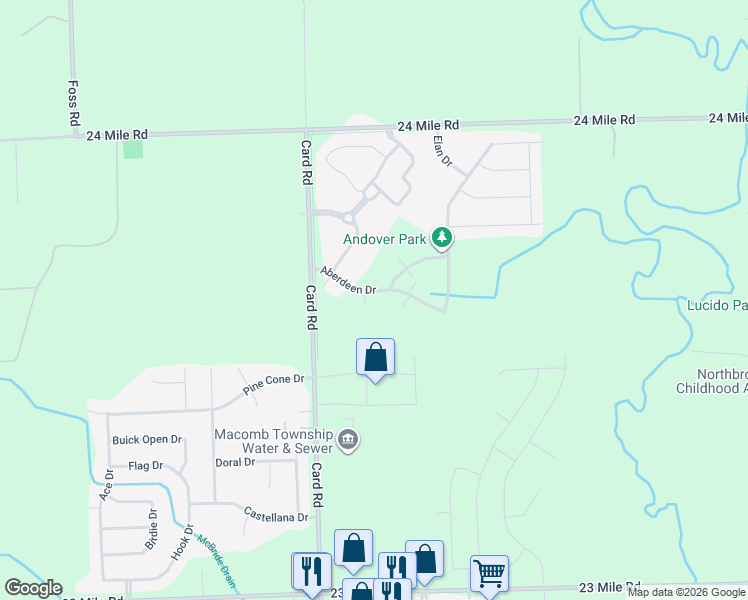 map of restaurants, bars, coffee shops, grocery stores, and more near 21912 Aberdeen Drive in Macomb