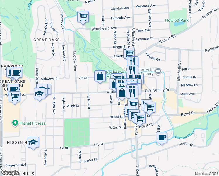 map of restaurants, bars, coffee shops, grocery stores, and more near 511 Oak Street in Rochester