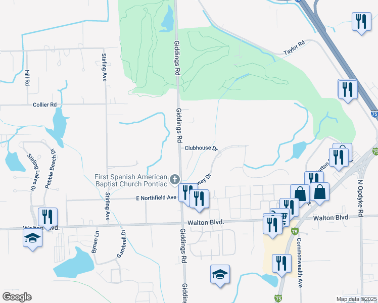map of restaurants, bars, coffee shops, grocery stores, and more near 1593 Club House Court in Pontiac