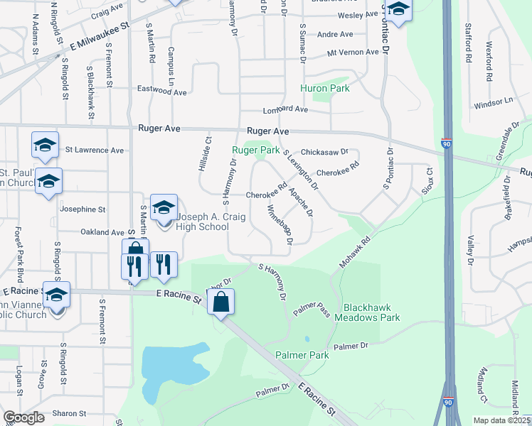map of restaurants, bars, coffee shops, grocery stores, and more near 320 Winnebago Drive in Janesville
