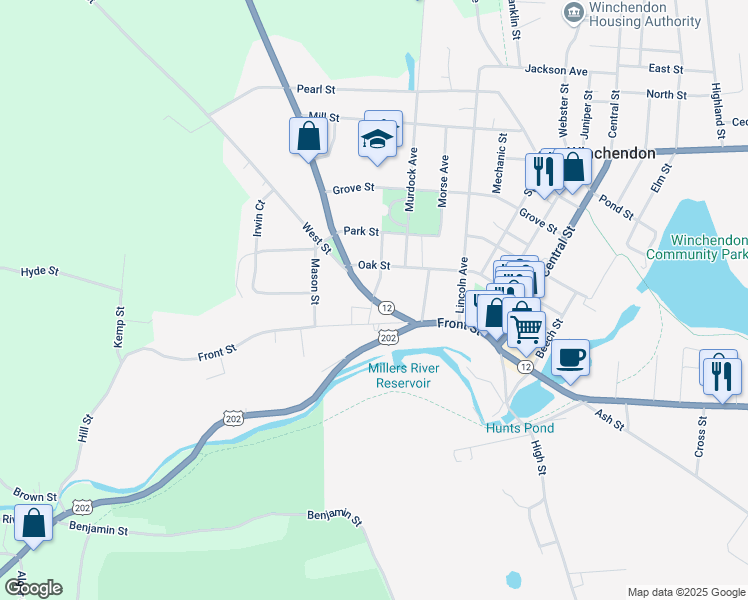 map of restaurants, bars, coffee shops, grocery stores, and more near 35 School Street in Winchendon