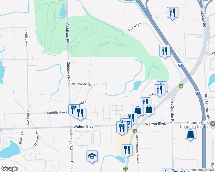 map of restaurants, bars, coffee shops, grocery stores, and more near 1140 Fieldstone Drive in Pontiac