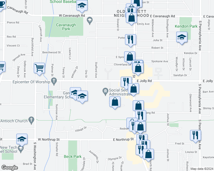 map of restaurants, bars, coffee shops, grocery stores, and more near 120 East Jolly Road in Lansing