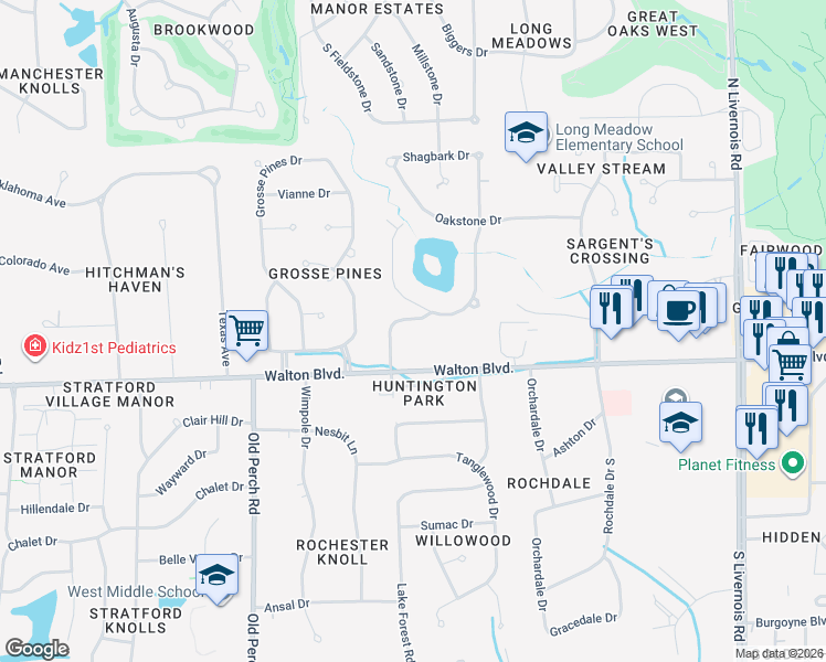 map of restaurants, bars, coffee shops, grocery stores, and more near 90 Shagbark Drive in Rochester Hills