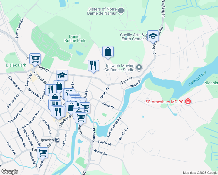 map of restaurants, bars, coffee shops, grocery stores, and more near 8 County Street in Ipswich