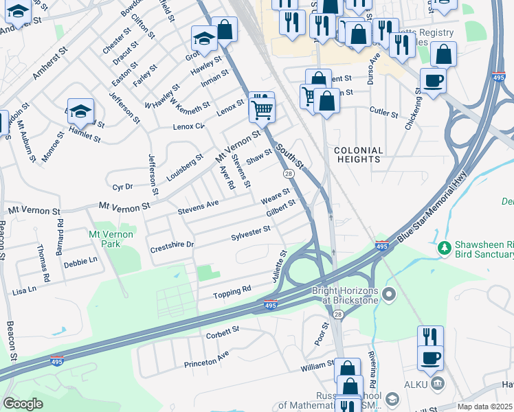 map of restaurants, bars, coffee shops, grocery stores, and more near 66 Weare Street in Lawrence