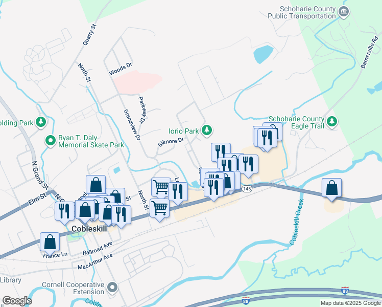 map of restaurants, bars, coffee shops, grocery stores, and more near 141 Campus Drive in Cobleskill