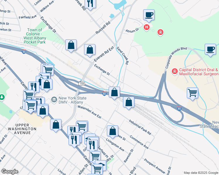 map of restaurants, bars, coffee shops, grocery stores, and more near 12 Corning Street in Albany