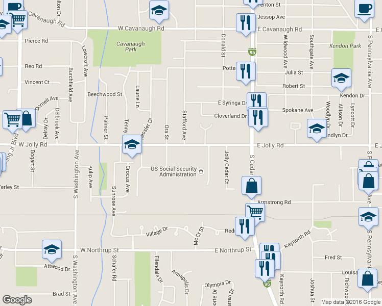 map of restaurants, bars, coffee shops, grocery stores, and more near 107 West Jolly Road in Lansing