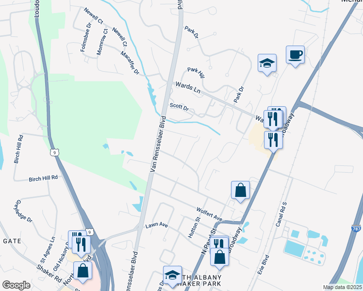 map of restaurants, bars, coffee shops, grocery stores, and more near 9 Highland Street in Menands