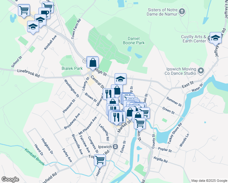 map of restaurants, bars, coffee shops, grocery stores, and more near 83 Central Street in Ipswich