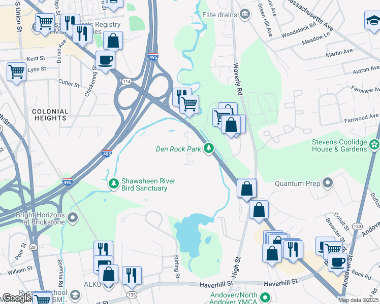 map of restaurants, bars, coffee shops, grocery stores, and more near 107 River Pointe Way in Lawrence