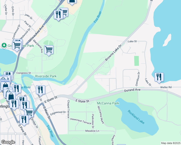 map of restaurants, bars, coffee shops, grocery stores, and more near 688 Browns Lake Drive in Burlington
