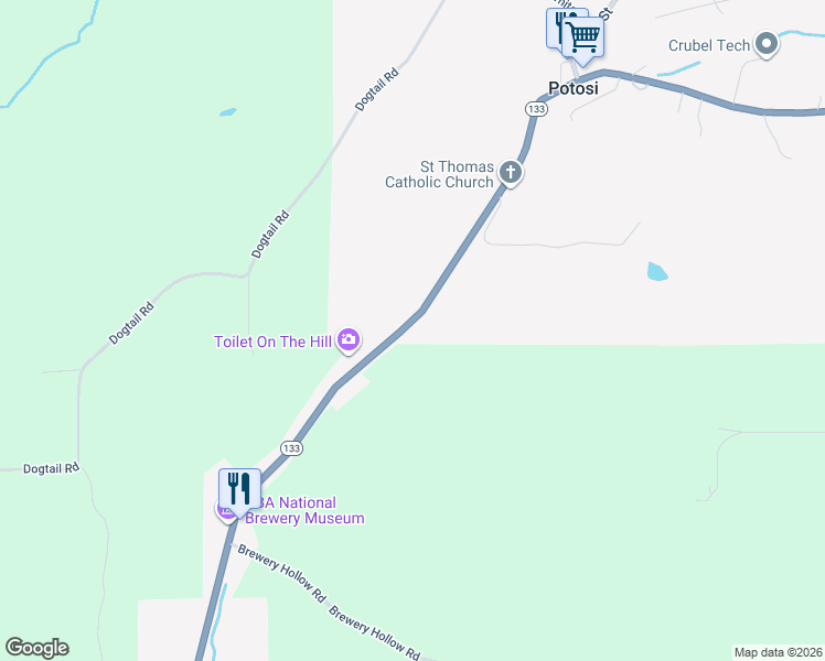 map of restaurants, bars, coffee shops, grocery stores, and more near 158 South Main Street in Potosi