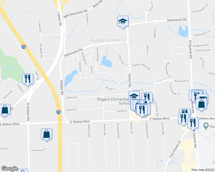 map of restaurants, bars, coffee shops, grocery stores, and more near 2677 Konrad Court in Auburn Hills
