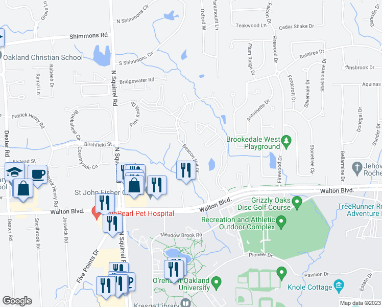 map of restaurants, bars, coffee shops, grocery stores, and more near Beacon Hill Drive in Auburn Hills