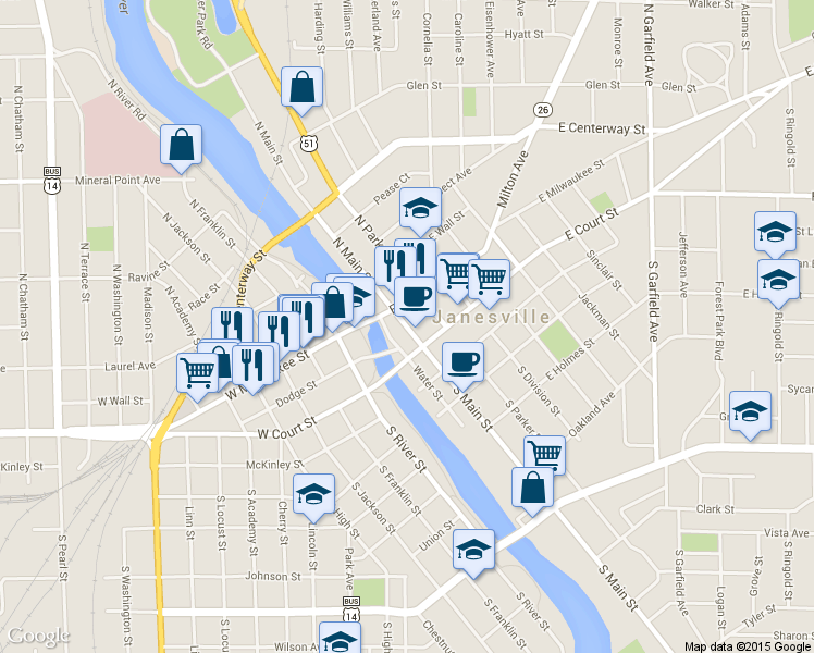 map of restaurants, bars, coffee shops, grocery stores, and more near 16 S Main St in Janesville