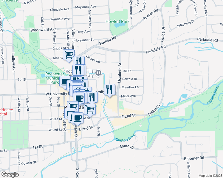 map of restaurants, bars, coffee shops, grocery stores, and more near 521 Library Court in Rochester