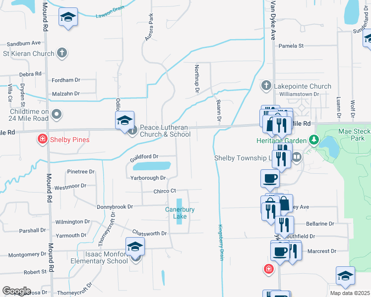 map of restaurants, bars, coffee shops, grocery stores, and more near 52813 Flower Court in Macomb County