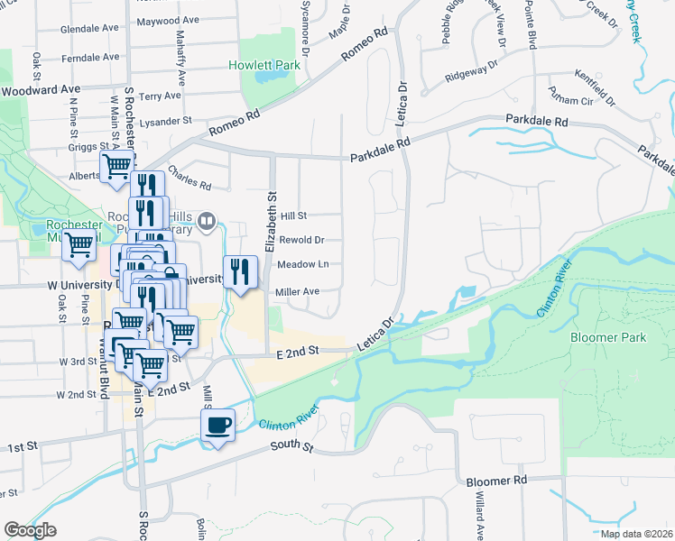 map of restaurants, bars, coffee shops, grocery stores, and more near 640 Meadow Lane in Rochester