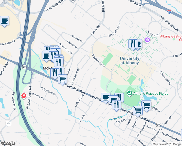 map of restaurants, bars, coffee shops, grocery stores, and more near 27 Norwood Street in Albany