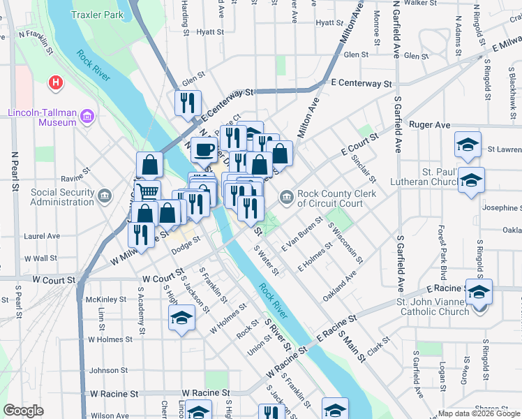 map of restaurants, bars, coffee shops, grocery stores, and more near 121 East Court Street in Janesville