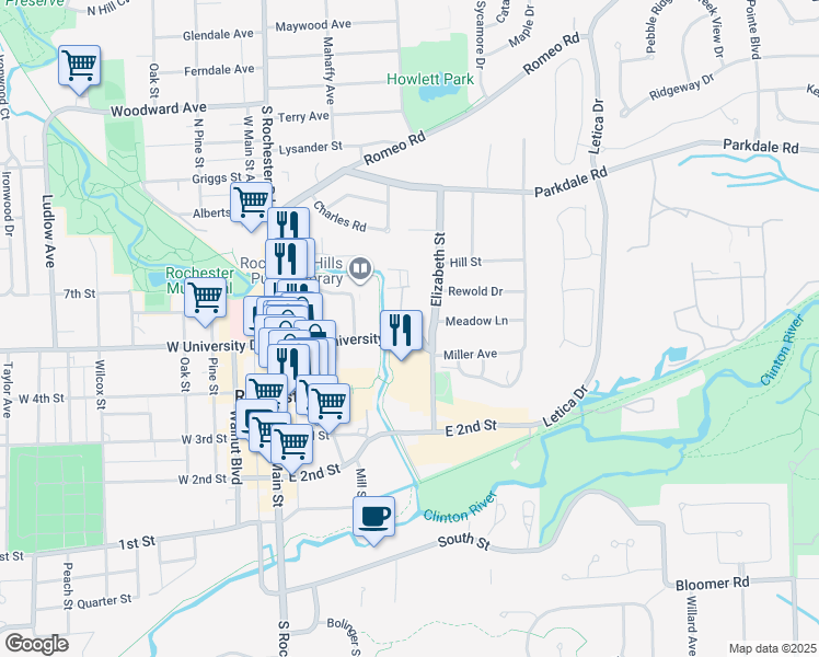 map of restaurants, bars, coffee shops, grocery stores, and more near 521 Library Court in Rochester