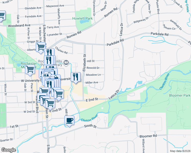 map of restaurants, bars, coffee shops, grocery stores, and more near 532 Meadow Lane in Rochester