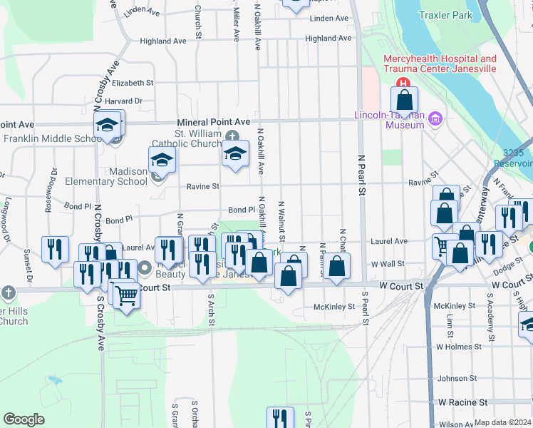 map of restaurants, bars, coffee shops, grocery stores, and more near 300 North Oakhill Avenue in Janesville