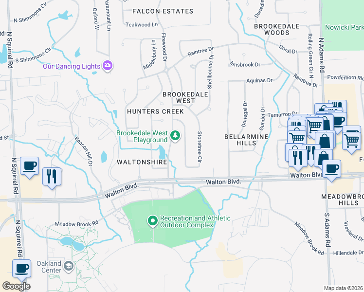 map of restaurants, bars, coffee shops, grocery stores, and more near 72 Stonetree Circle in Rochester Hills