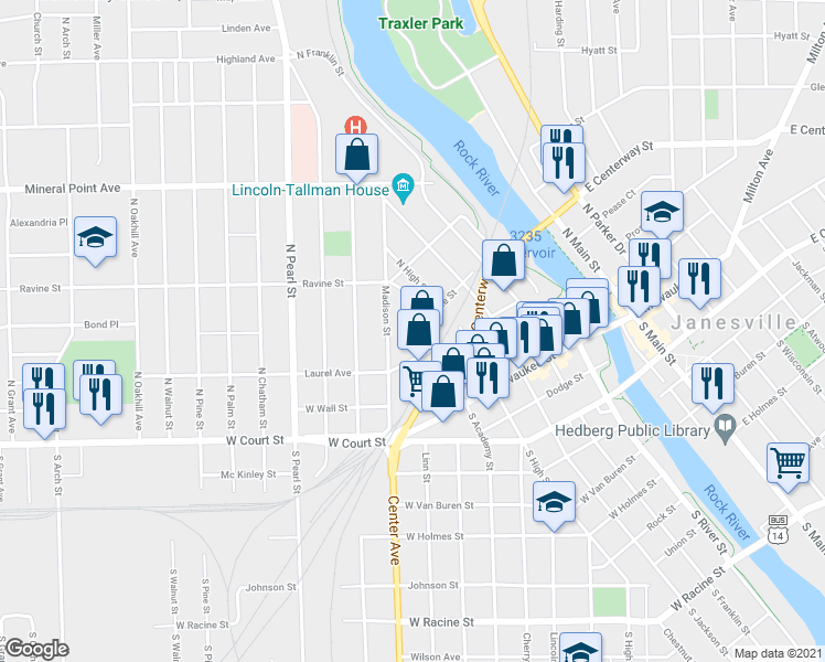 map of restaurants, bars, coffee shops, grocery stores, and more near 221 North Academy Street in Janesville