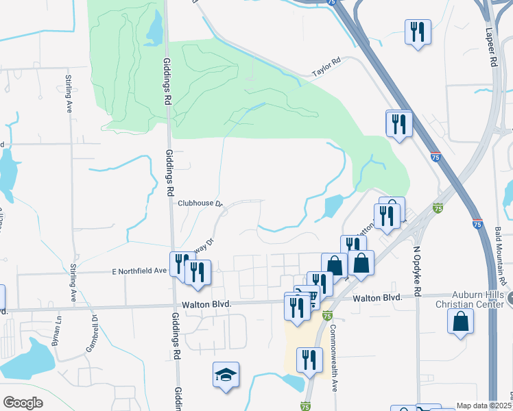 map of restaurants, bars, coffee shops, grocery stores, and more near 1140 Fieldstone Drive in Pontiac