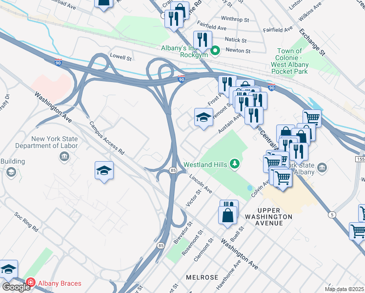 map of restaurants, bars, coffee shops, grocery stores, and more near 65 Tremont Street in Albany