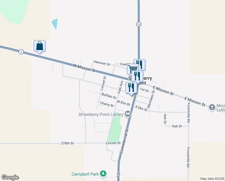 map of restaurants, bars, coffee shops, grocery stores, and more near 200-298 West Spring Street in Strawberry Point