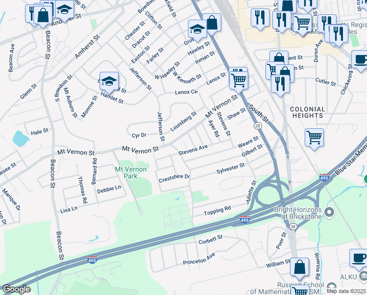 map of restaurants, bars, coffee shops, grocery stores, and more near 3 Carlson Road in Lawrence