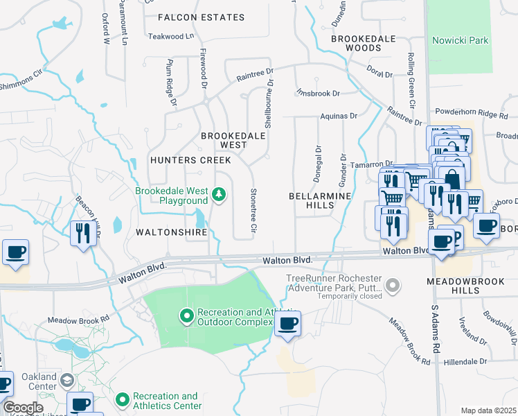 map of restaurants, bars, coffee shops, grocery stores, and more near 196 Stonetree Circle in Rochester Hills