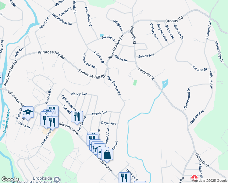 map of restaurants, bars, coffee shops, grocery stores, and more near 218 New Boston Road in Dracut