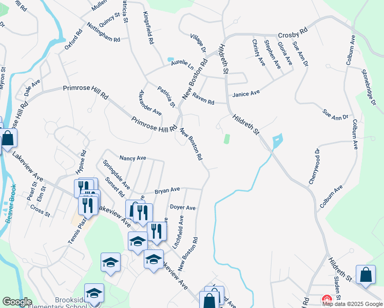 map of restaurants, bars, coffee shops, grocery stores, and more near 218 New Boston Road in Dracut
